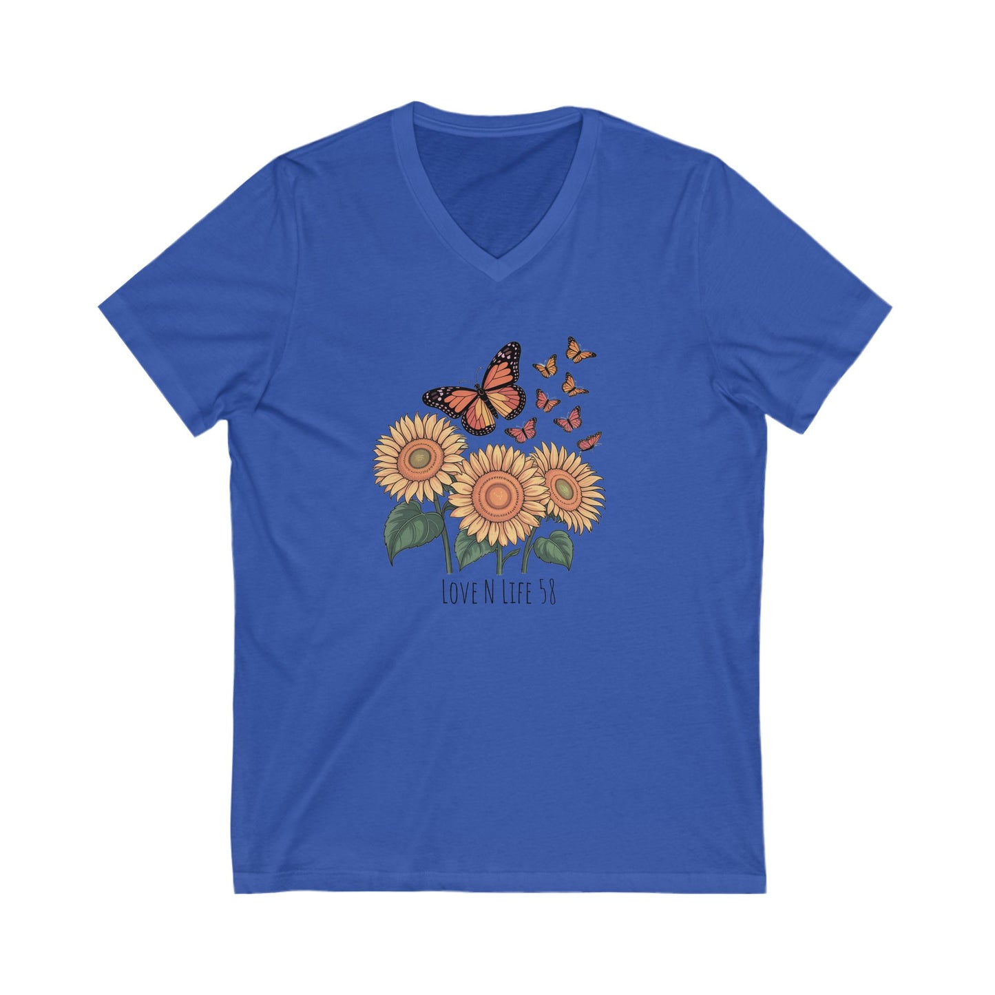 Sunflowers and Butterflies - V Neck Tee - Bella Canvas