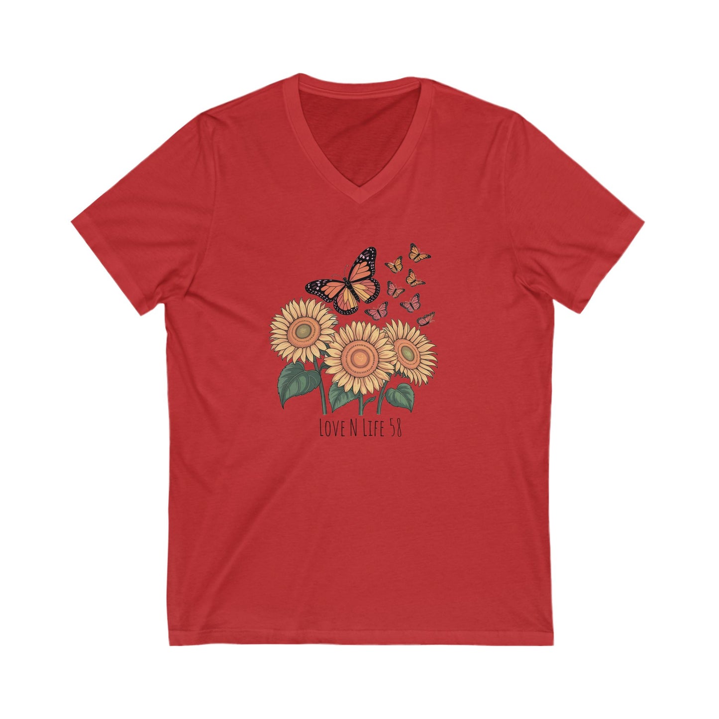 Sunflowers and Butterflies - V Neck Tee - Bella Canvas