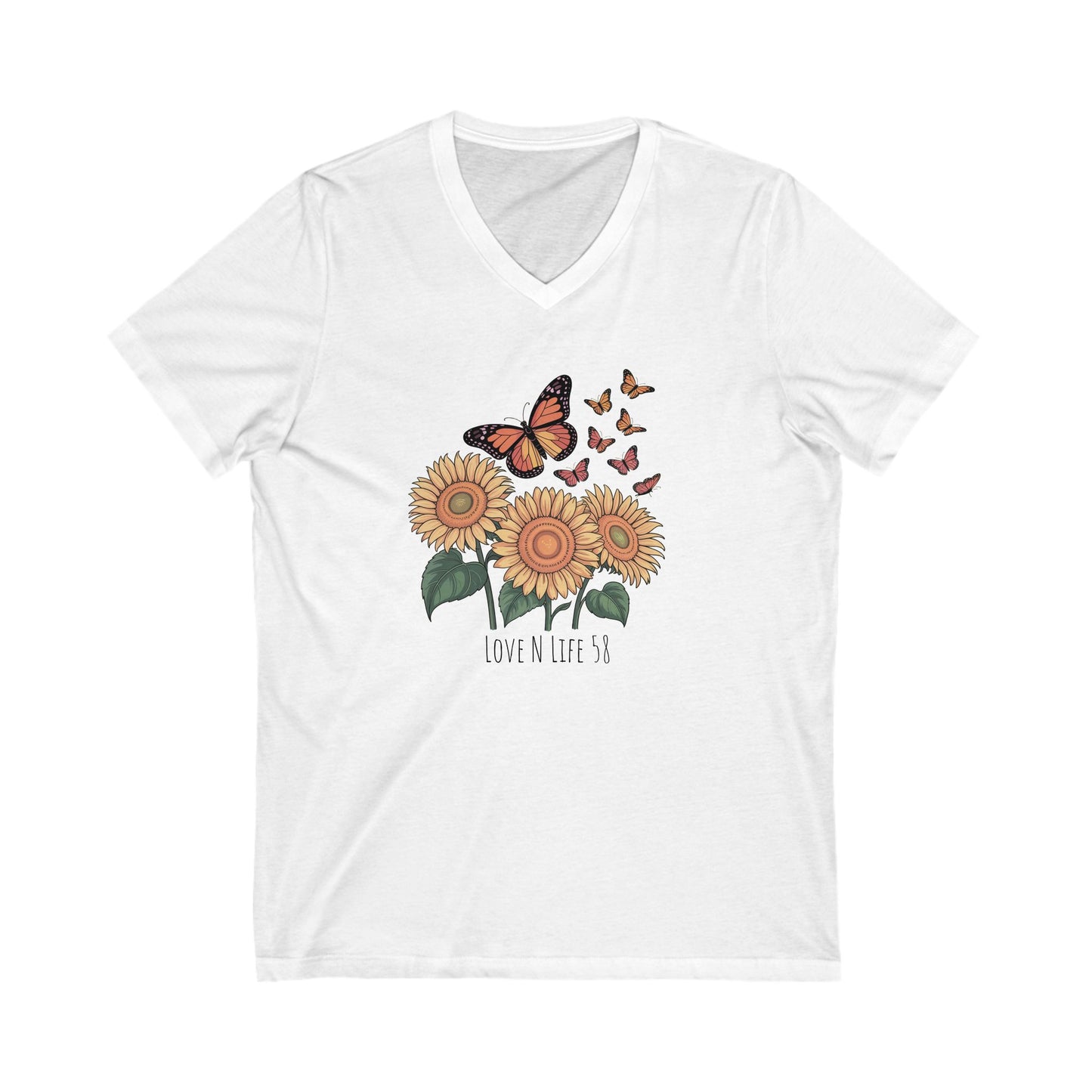 Sunflowers and Butterflies - V Neck Tee - Bella Canvas