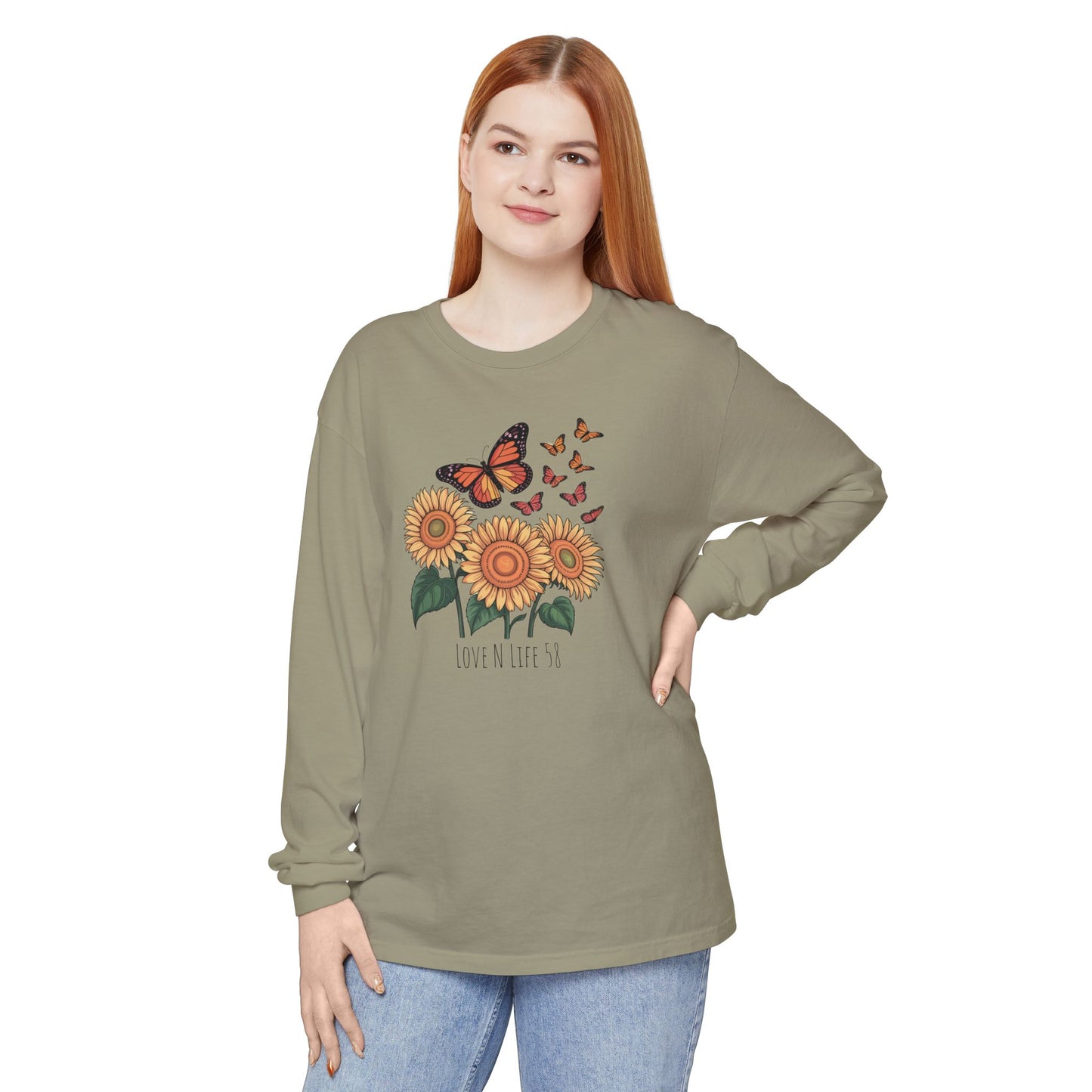 Butterflies and Sunflowers Long Sleeve Tee - Comfort Colors
