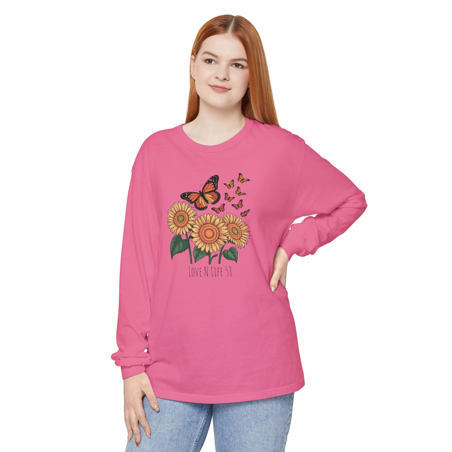 Butterflies and Sunflowers Long Sleeve Tee - Comfort Colors