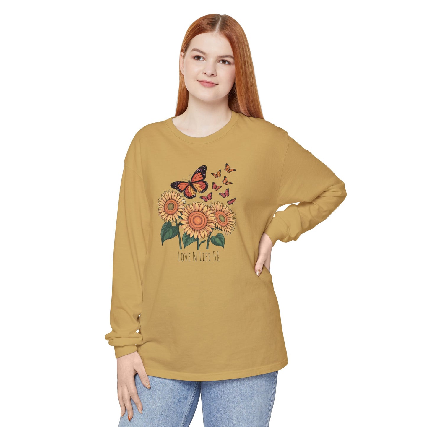 Butterflies and Sunflowers Long Sleeve Tee - Comfort Colors