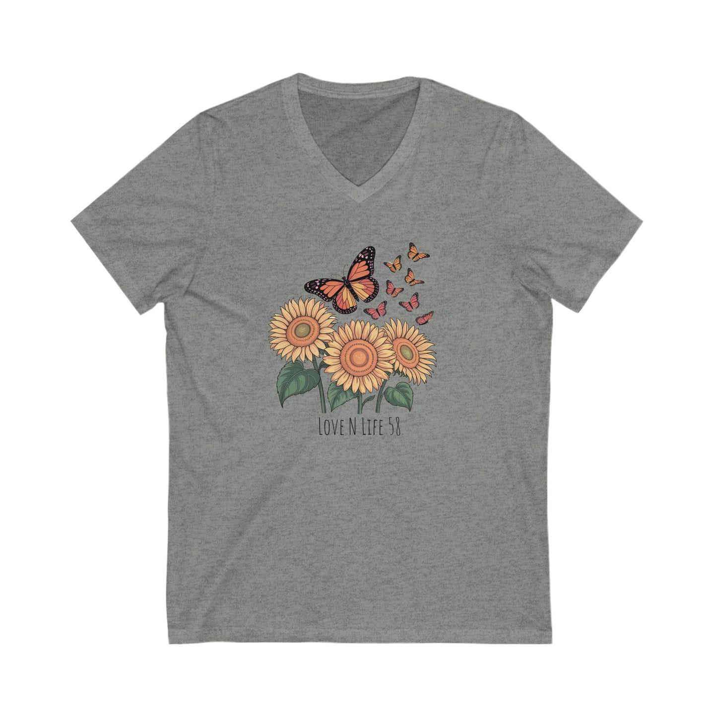 Sunflowers and Butterflies - V Neck Tee - Bella Canvas