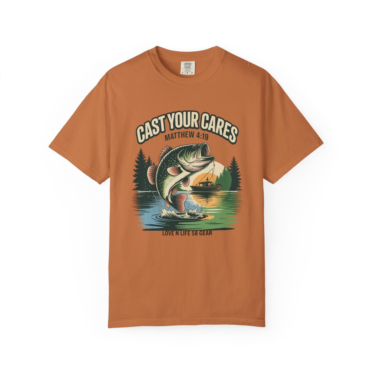Cast Your Cares Fishing Short Sleeve Tee — "Love N Life" Christian Bass Tee (Matthew 4:19)