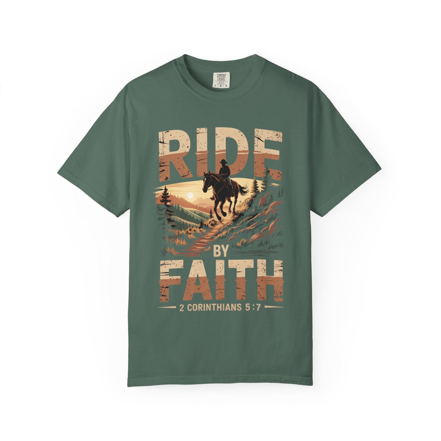 Ride by Faith Short Sleeve Tee — Cowboy Silhouette Christian Western Tee (2 Corinthians 5:7)