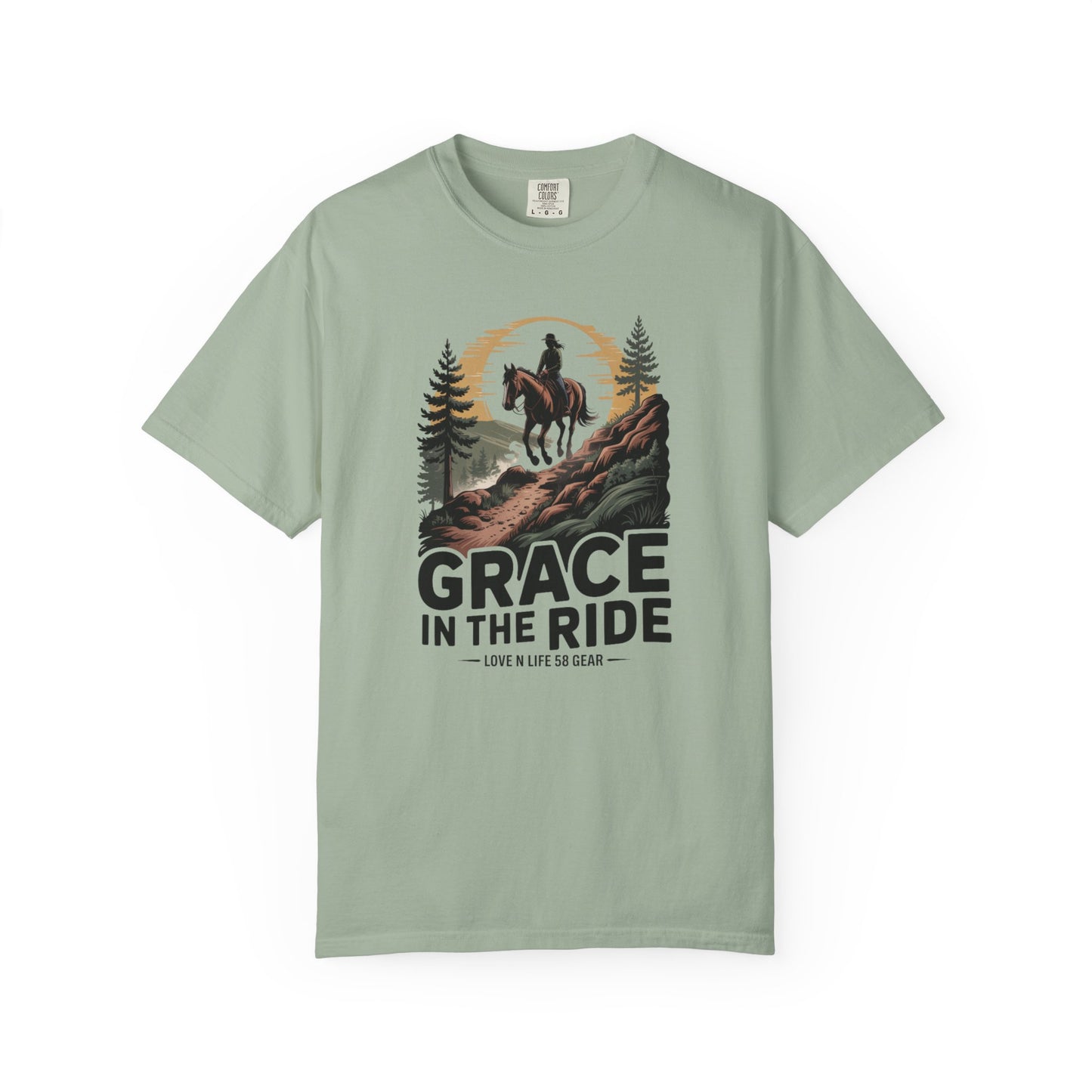 Grace in the Ride Short Sleeve Tee — Vintage Equestrian Sunset Riding Tee