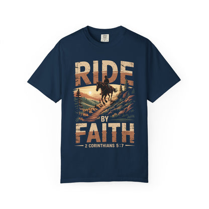 Ride by Faith Short Sleeve Tee — Cowboy Silhouette Christian Western Tee (2 Corinthians 5:7)