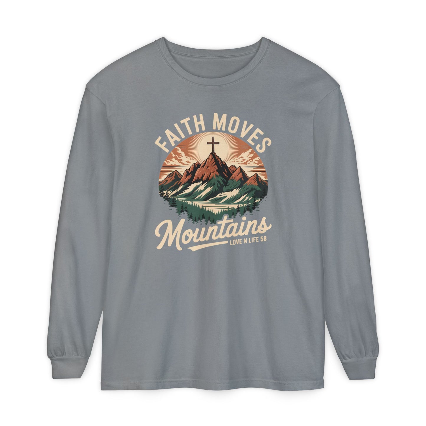 Faith Moves Mountains Long Sleeve Tee — Christian Mountain Graphic Shirt