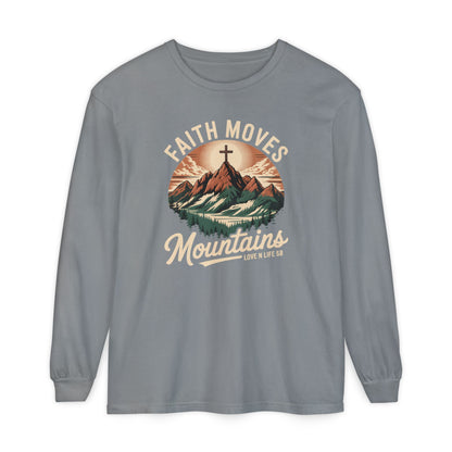 Faith Moves Mountains Long Sleeve Tee — Christian Mountain Graphic Shirt