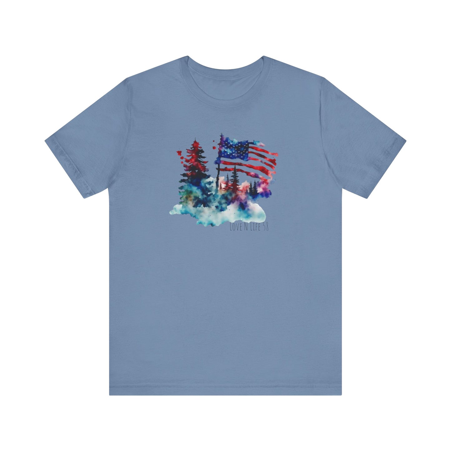 American Flag Patriotic Watercolor Tee - Love in Life - Bella Canvas 3001 -Made in U.S.A.