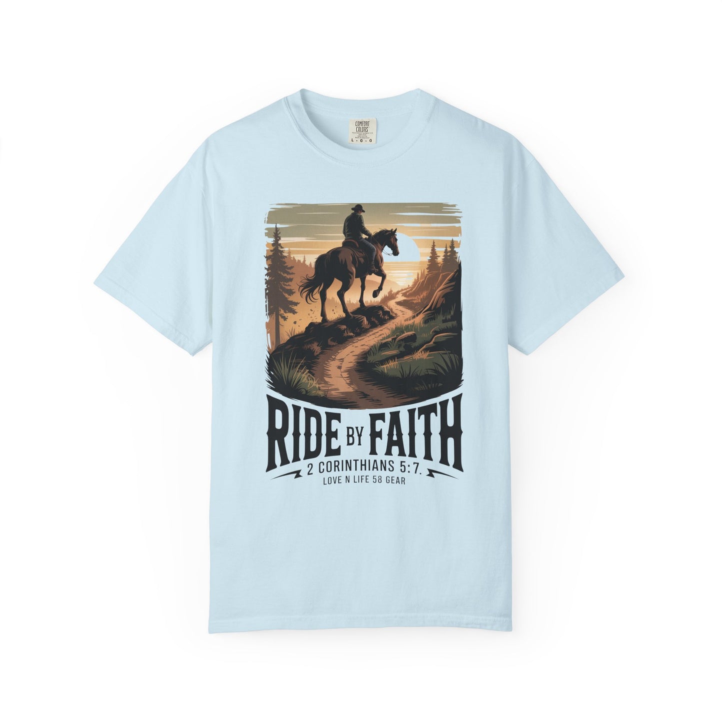 Ride by Faith Short Sleeve Tee — Christian Cowboy Graphic Tee (2 Corinthians 5:7)