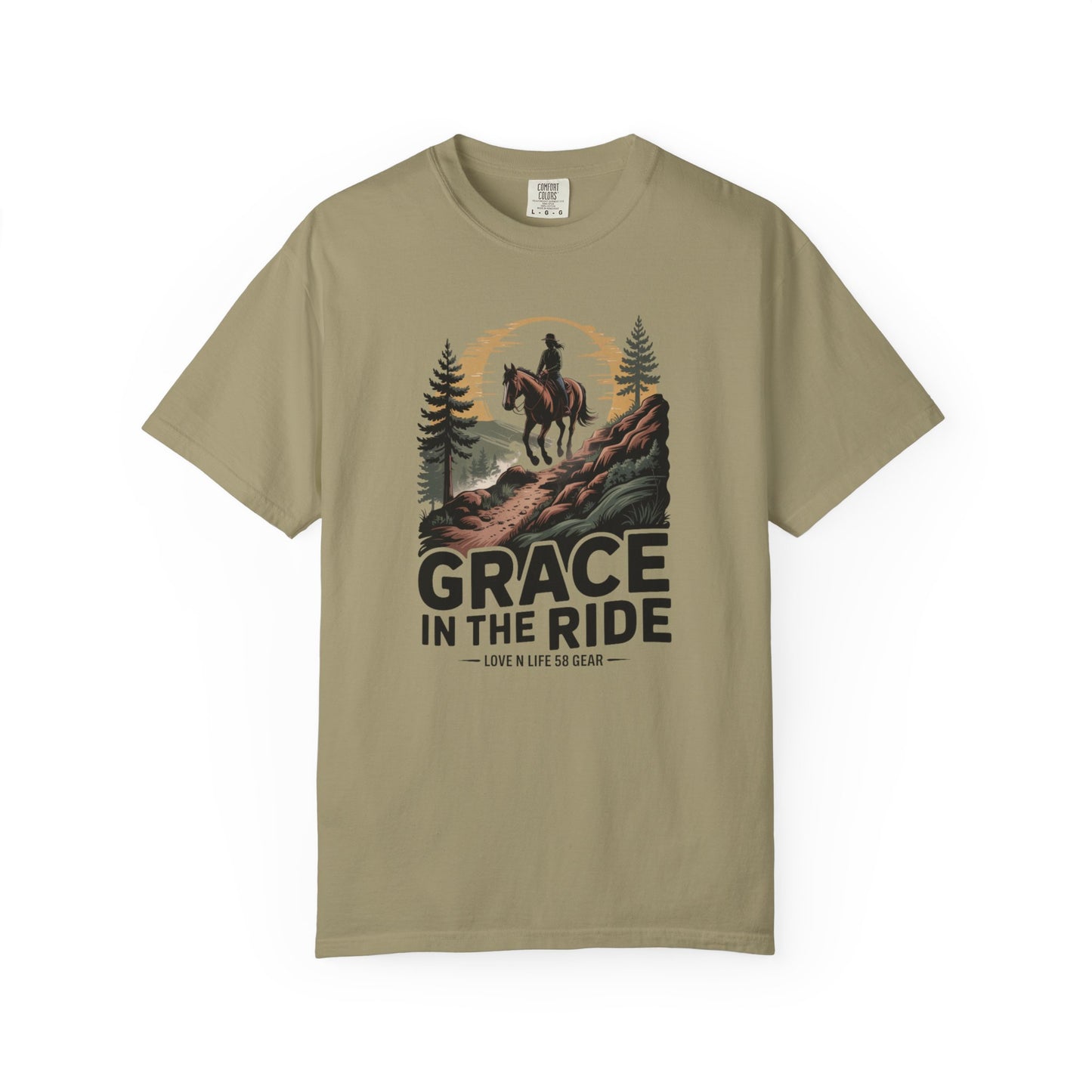 Grace in the Ride Short Sleeve Tee — Vintage Equestrian Sunset Riding Tee