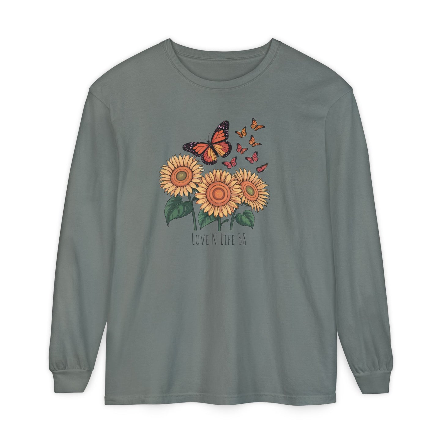 Butterflies and Sunflowers Long Sleeve Tee - Comfort Colors