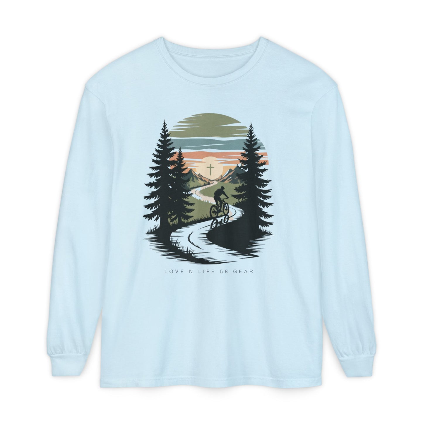 Mountain Biking Scenic Trail Sunset Long Sleeve Unisex Tee