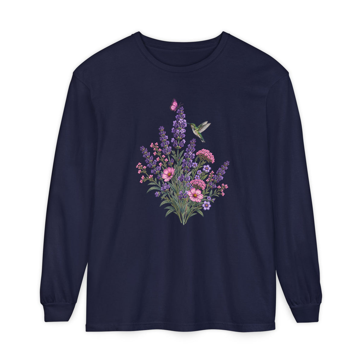 Floral Hummingbird Long Sleeve Comfort Colors Tee