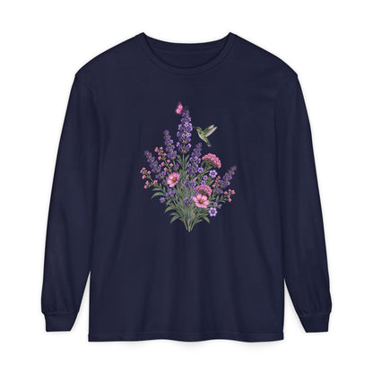 Floral Hummingbird Long Sleeve Comfort Colors Tee
