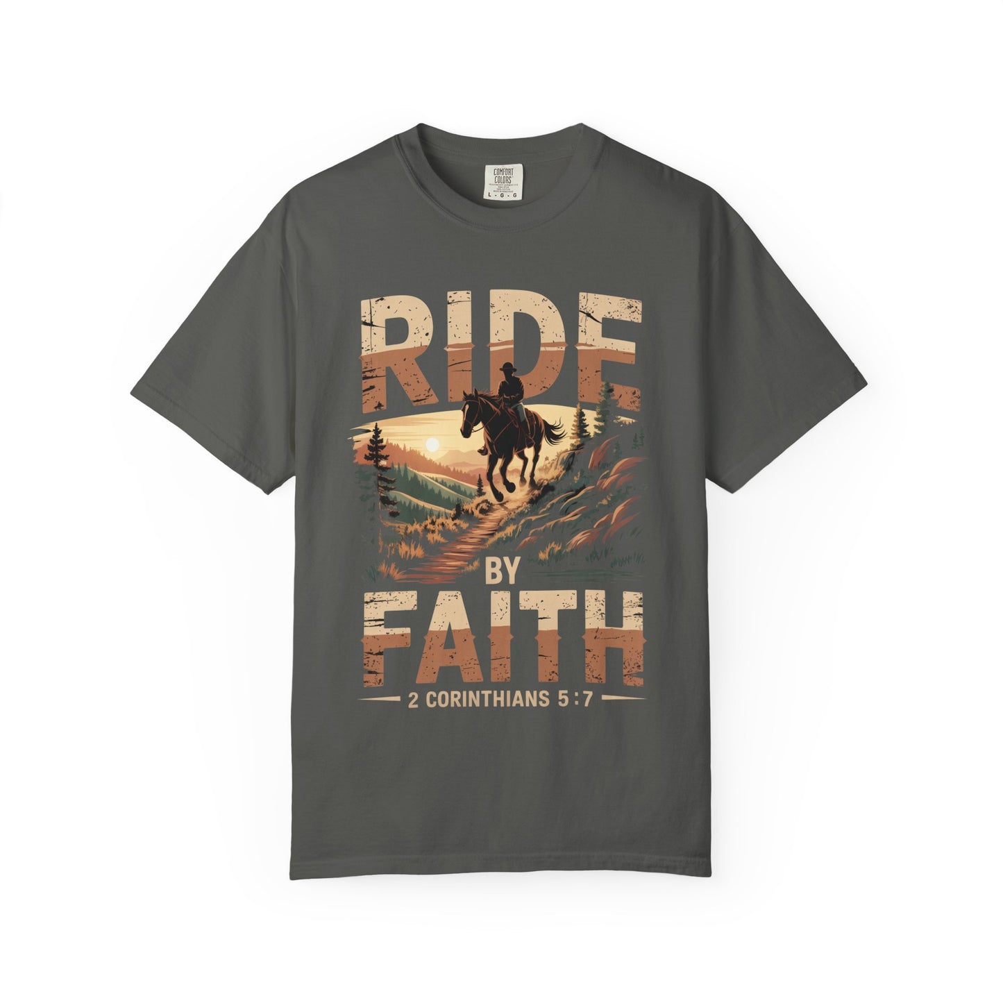 Ride by Faith Short Sleeve Tee — Cowboy Silhouette Christian Western Tee (2 Corinthians 5:7)