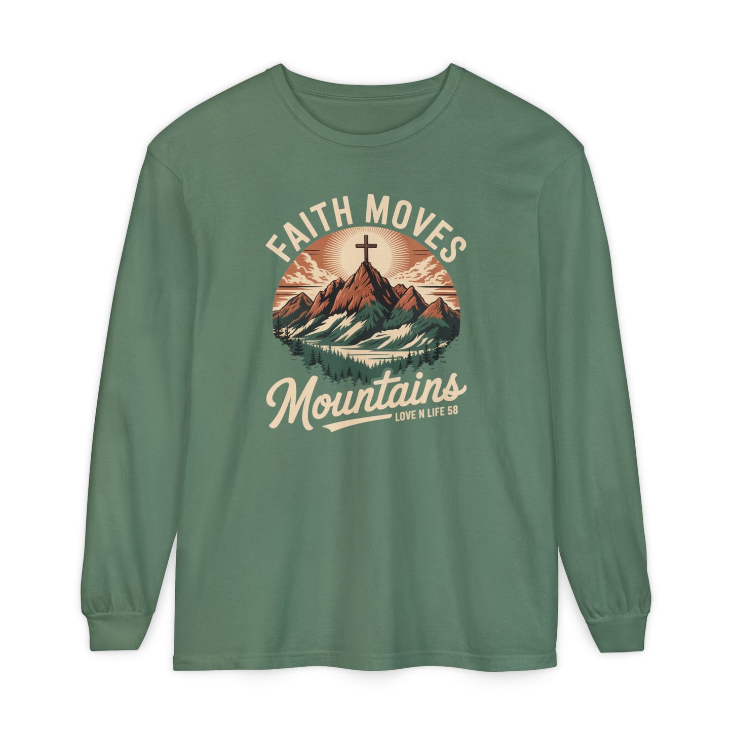 Faith Moves Mountains Long Sleeve Tee — Christian Mountain Graphic Shirt