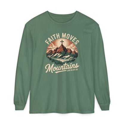 Faith Moves Mountains Long Sleeve Tee — Christian Mountain Graphic Shirt