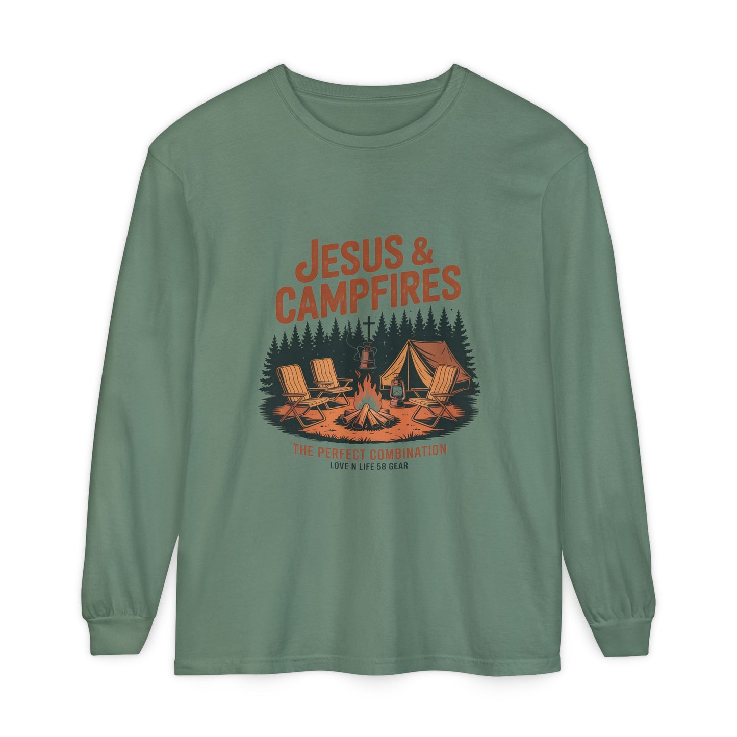 Jesus & Campfires Long Sleeve Christian Camping Tee