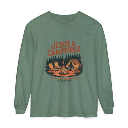 Jesus & Campfires Long Sleeve Christian Camping Tee
