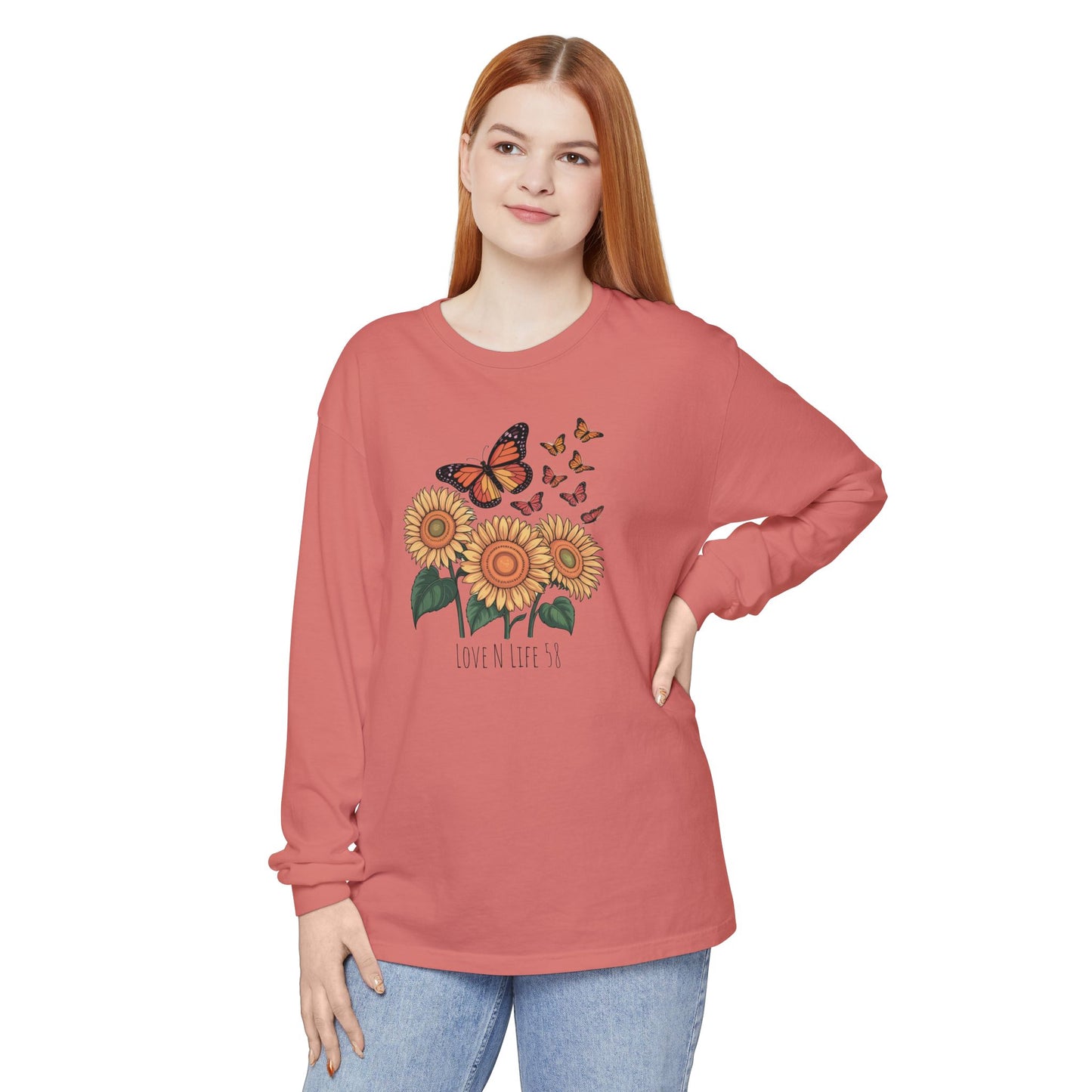 Butterflies and Sunflowers Long Sleeve Tee - Comfort Colors