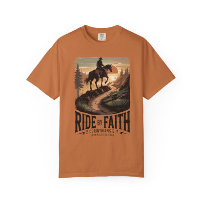 Ride by Faith Short Sleeve Tee — Christian Cowboy Graphic Tee (2 Corinthians 5:7)