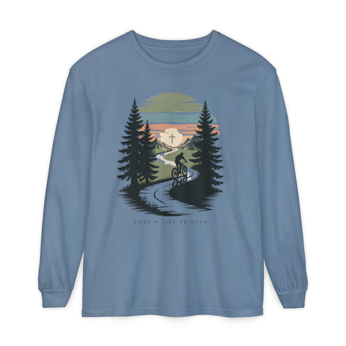 Mountain Biking Scenic Trail Sunset Long Sleeve Unisex Tee