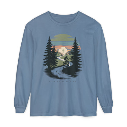 Mountain Biking Scenic Trail Sunset Long Sleeve Unisex Tee