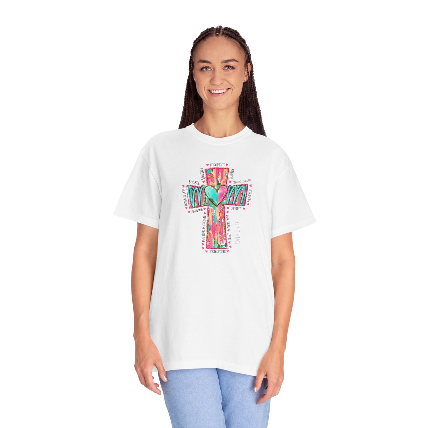 Colorful ‘Mom’ Christian Cross Tee