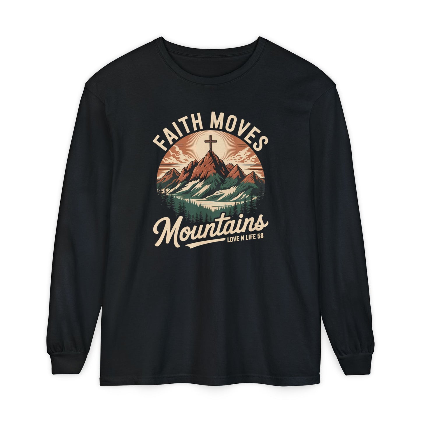 Faith Moves Mountains Long Sleeve Tee — Christian Mountain Graphic Shirt