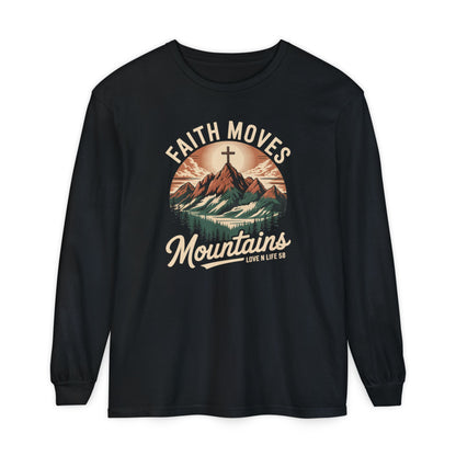 Faith Moves Mountains Long Sleeve Tee — Christian Mountain Graphic Shirt