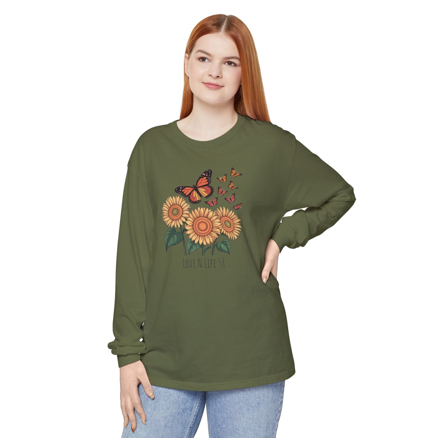 Butterflies and Sunflowers Long Sleeve Tee - Comfort Colors