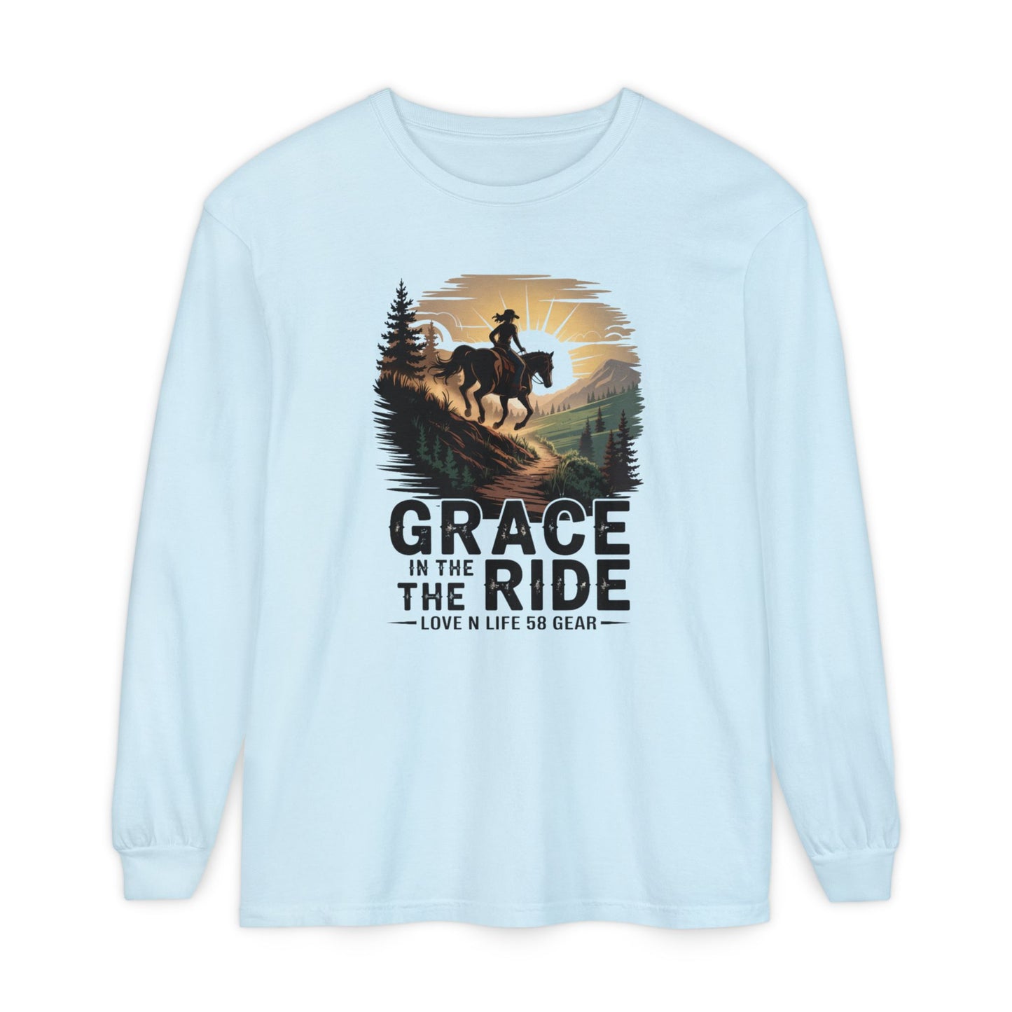 Grace in the Ride Long Sleeve Tee — Cowboy Horse Sunset