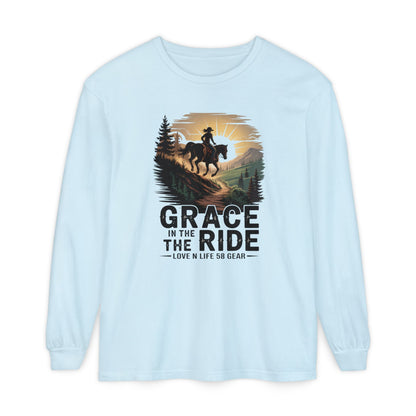 Grace in the Ride Long Sleeve Tee — Cowboy Horse Sunset