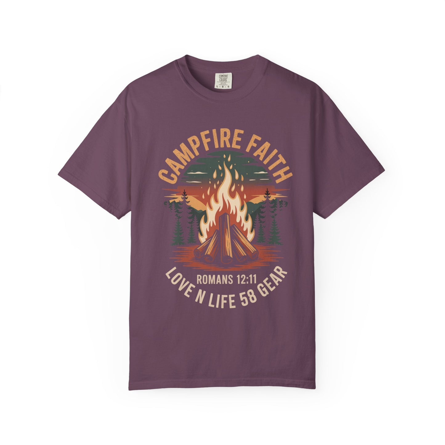 Campfire Faith Short Sleeve Tee — "Romans 12:11" Christian Camping Tee