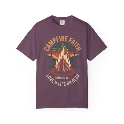 Campfire Faith Short Sleeve Tee — "Romans 12:11" Christian Camping Tee