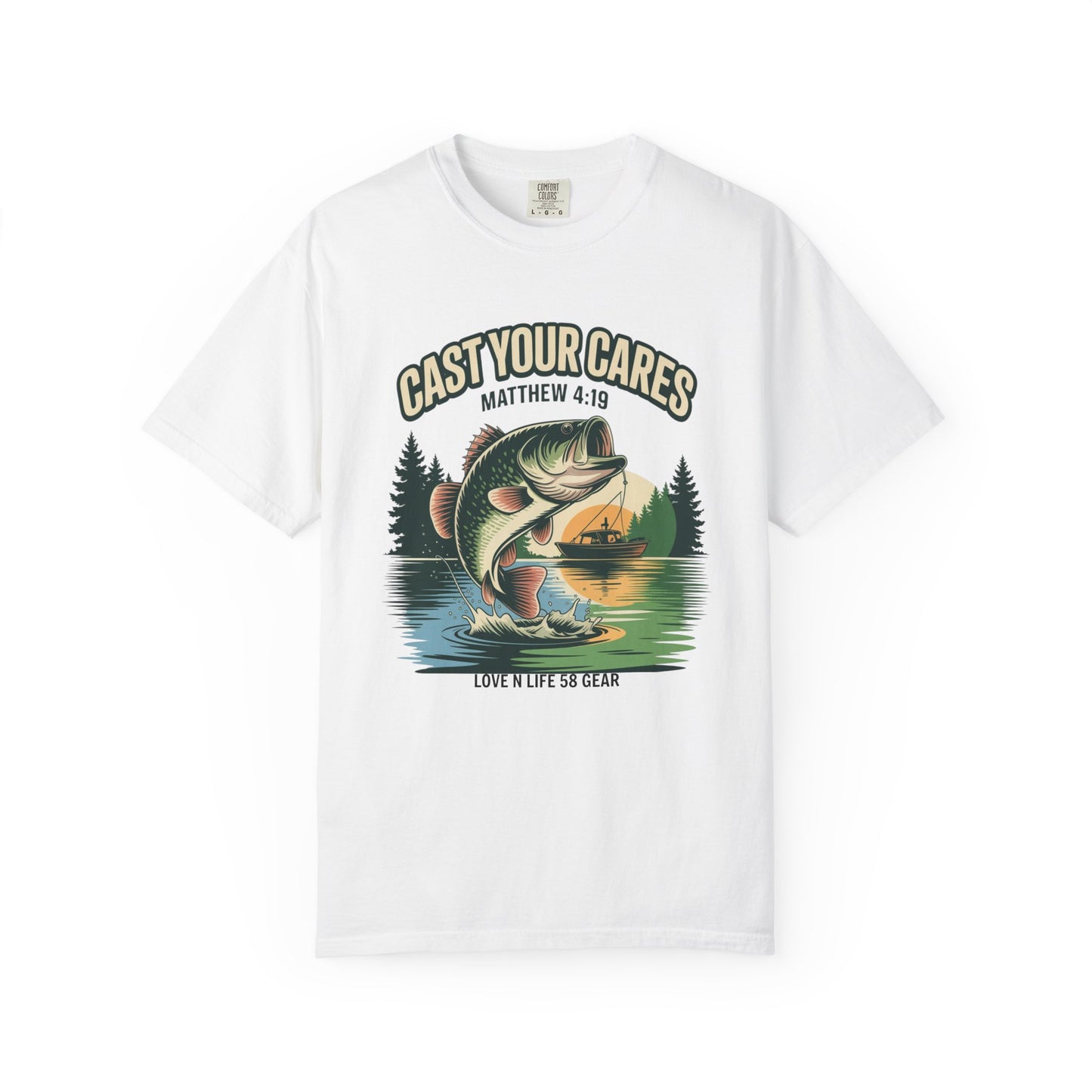 Cast Your Cares Fishing Short Sleeve Tee — "Love N Life" Christian Bass Tee (Matthew 4:19)