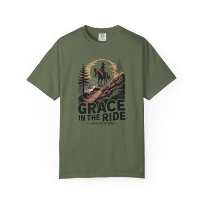 Grace in the Ride Short Sleeve Tee — Vintage Equestrian Sunset Riding Tee