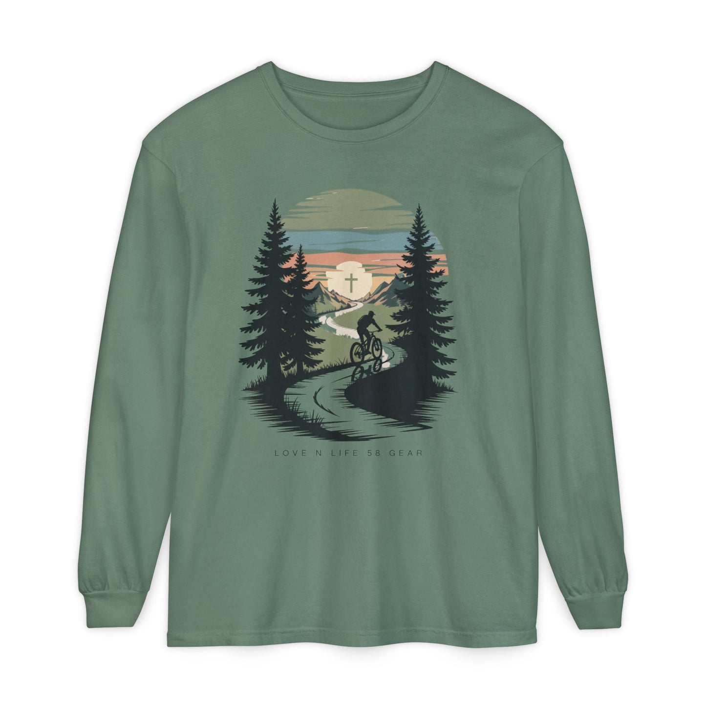 Mountain Biking Scenic Trail Sunset Long Sleeve Unisex Tee