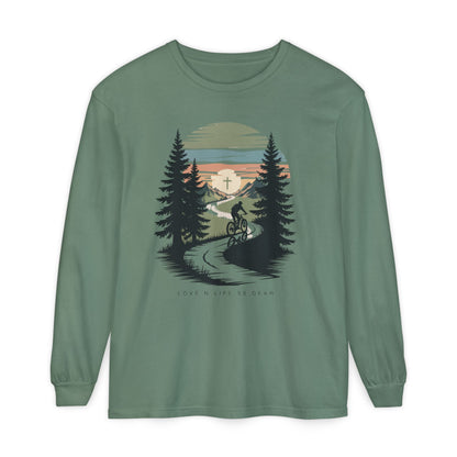 Mountain Biking Scenic Trail Sunset Long Sleeve Unisex Tee