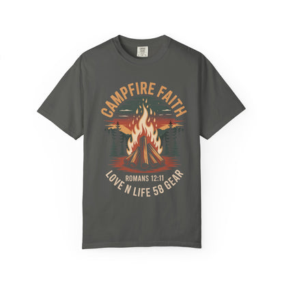 Campfire Faith Short Sleeve Tee — "Romans 12:11" Christian Camping Tee