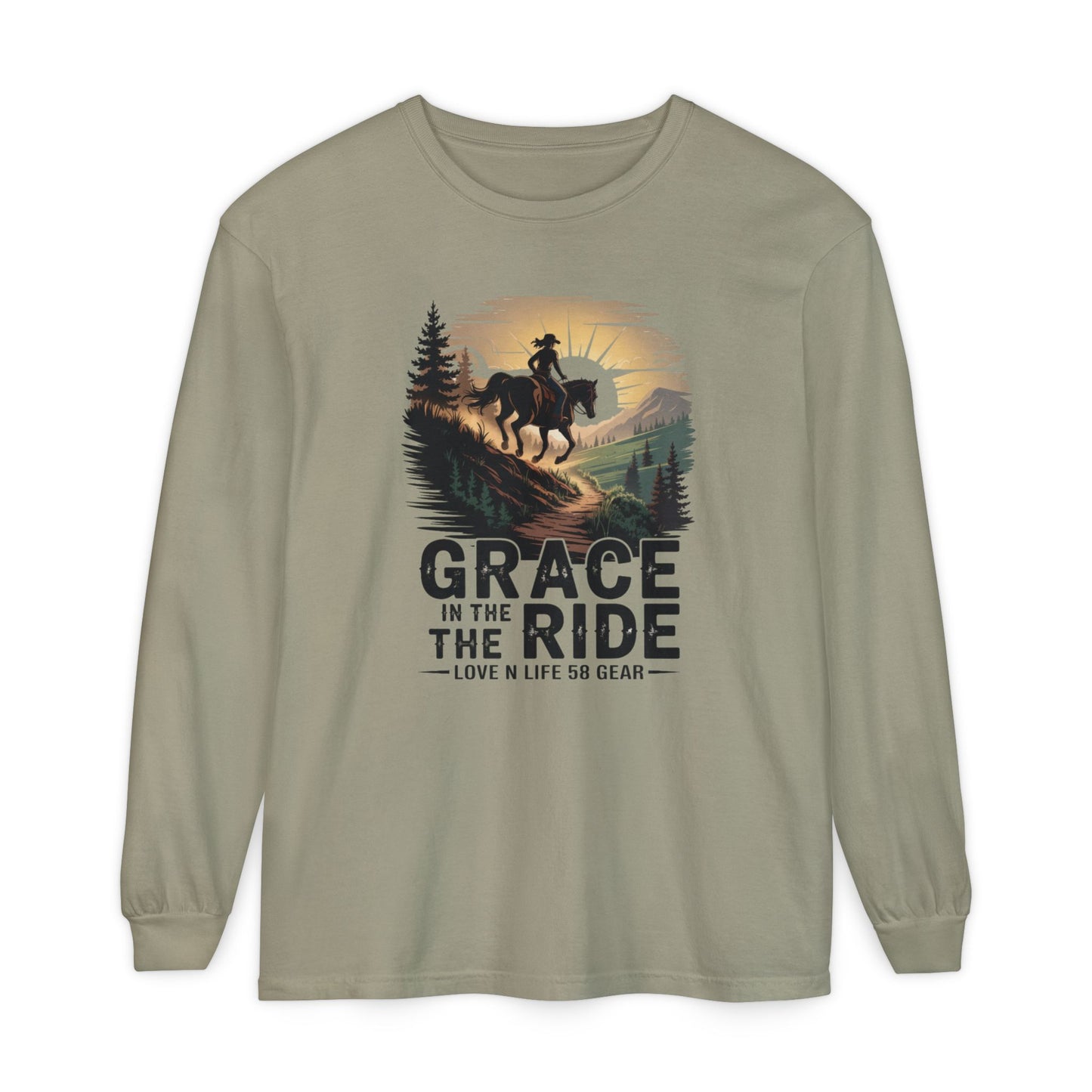 Grace in the Ride Long Sleeve Tee — Cowboy Horse Sunset