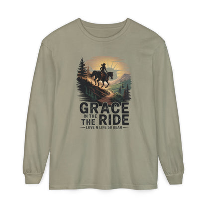 Grace in the Ride Long Sleeve Tee — Cowboy Horse Sunset