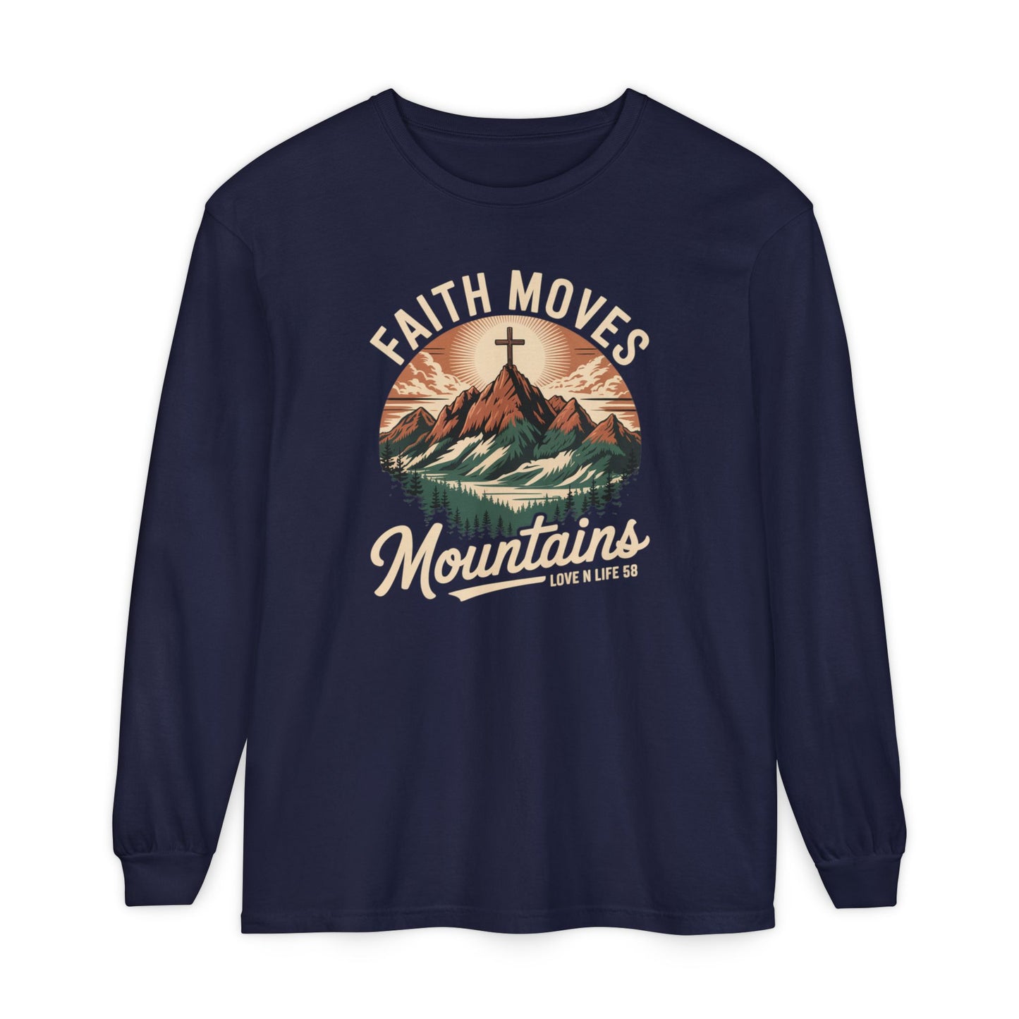 Faith Moves Mountains Long Sleeve Tee — Christian Mountain Graphic Shirt