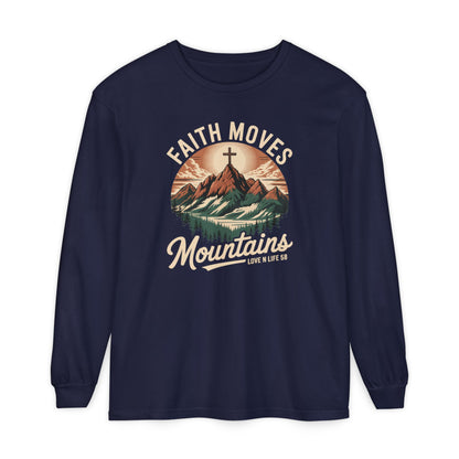 Faith Moves Mountains Long Sleeve Tee — Christian Mountain Graphic Shirt