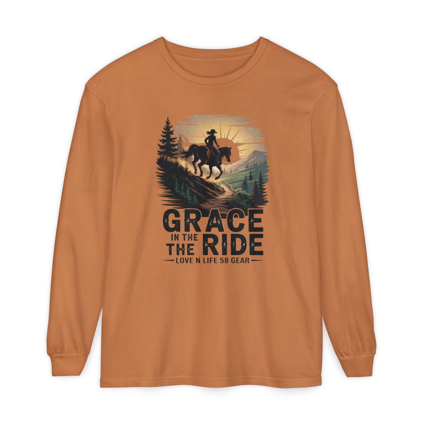 Grace in the Ride Long Sleeve Tee — Cowboy Horse Sunset