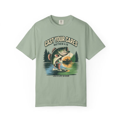 Cast Your Cares Fishing Short Sleeve Tee — "Love N Life" Christian Bass Tee (Matthew 4:19)