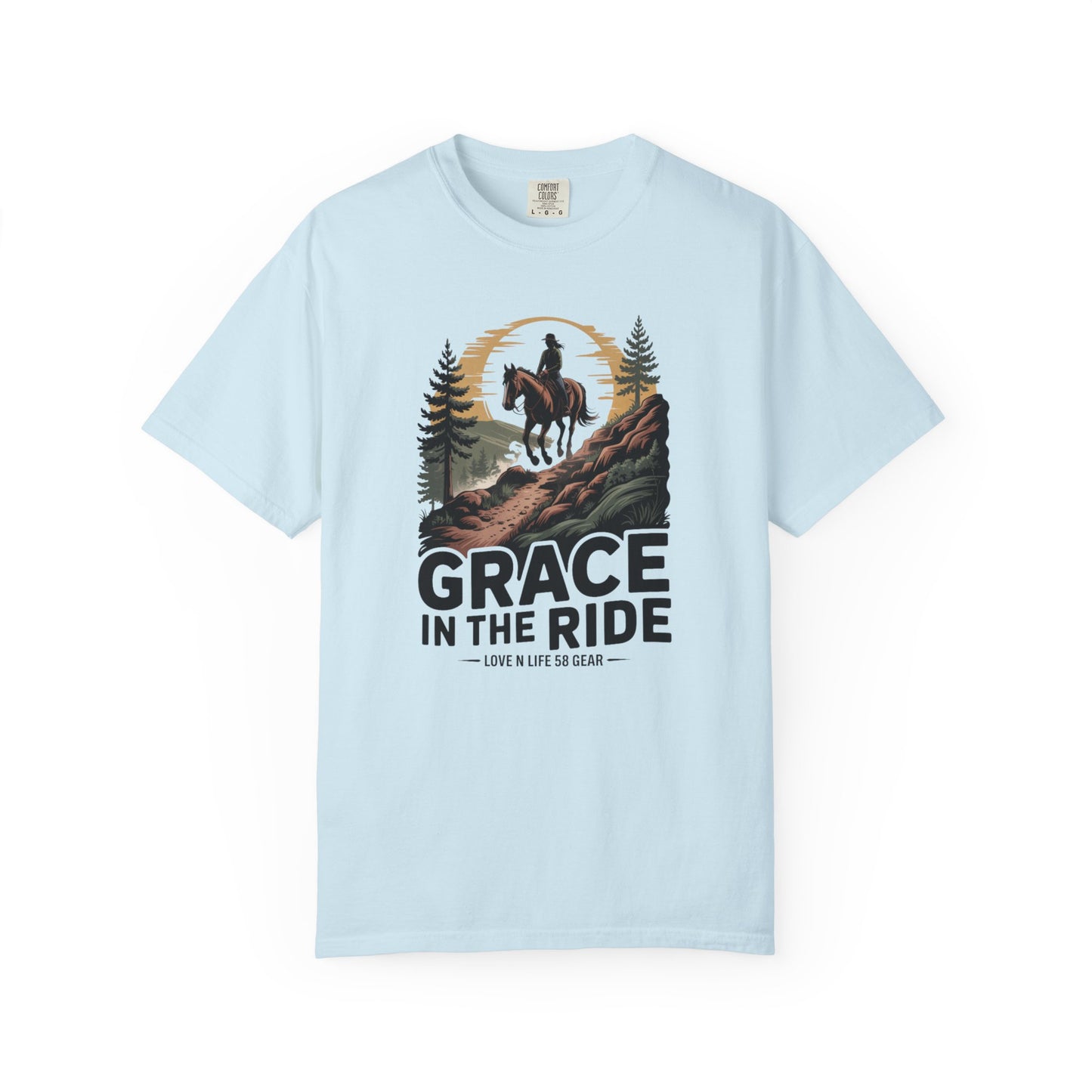 Grace in the Ride Short Sleeve Tee — Vintage Equestrian Sunset Riding Tee