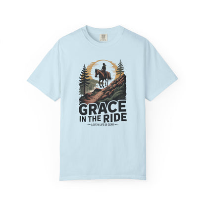 Grace in the Ride Short Sleeve Tee — Vintage Equestrian Sunset Riding Tee